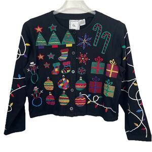 Michael Simon Lite Christmas Cardigan Sweater Size M Black Embroidered Colorful